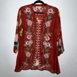 All About Her Women’s Floral Embroidered Tunic Top Sheer Red Burgundy Boho Small